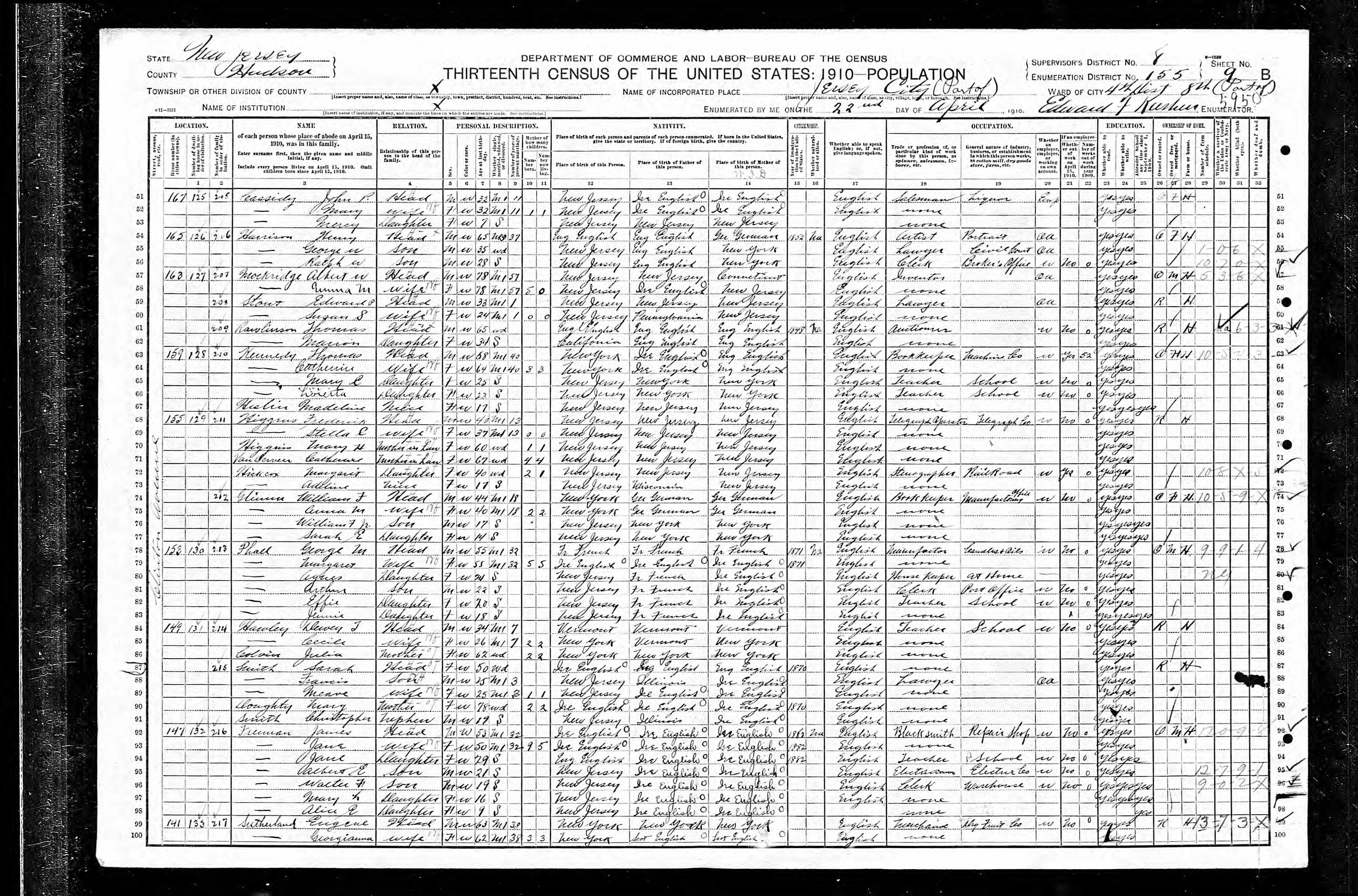 Frederick Higgins 1910 New Jesery, Jersey City Census