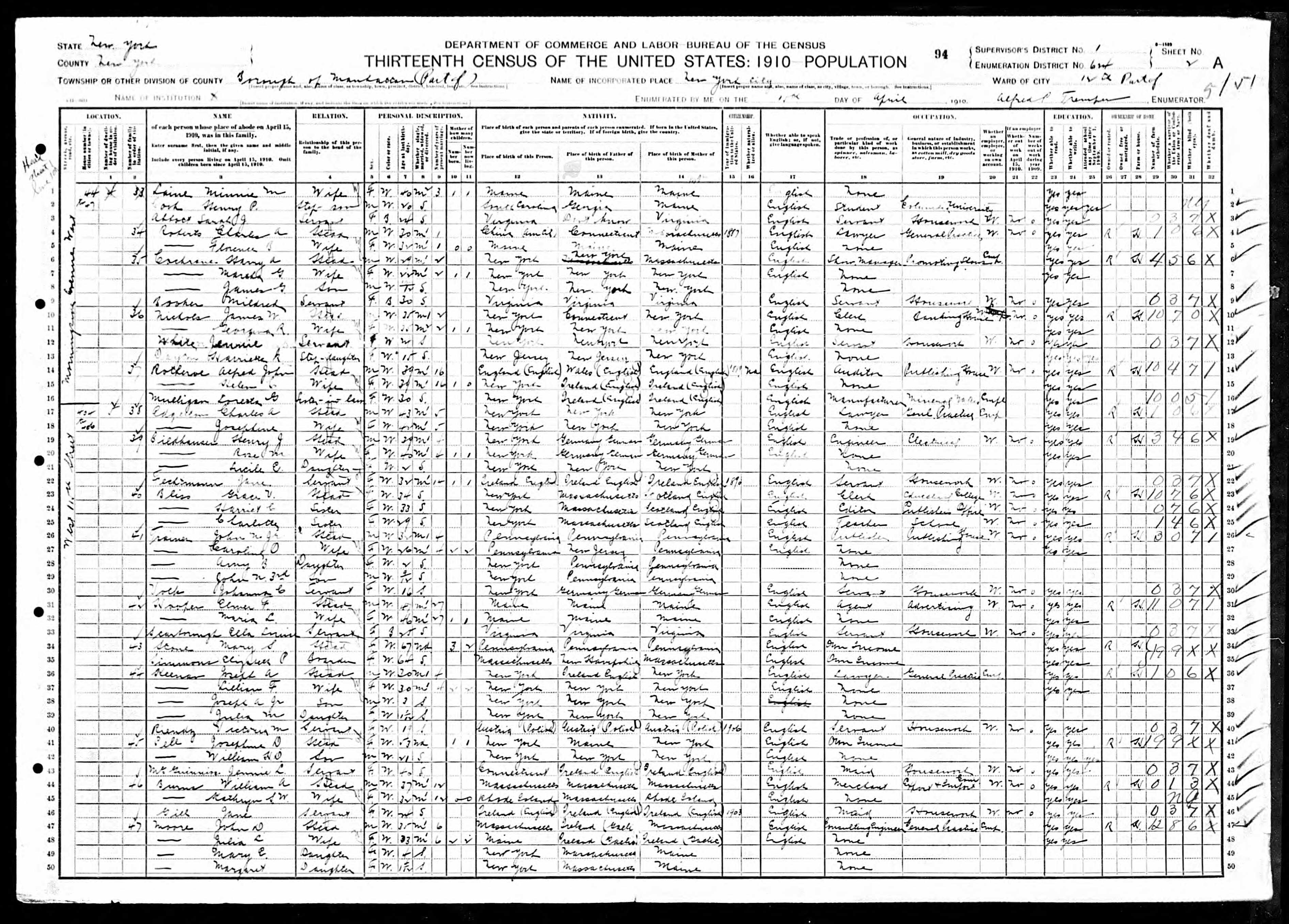 Grace Bliss, 1910 NY Manhatten Census