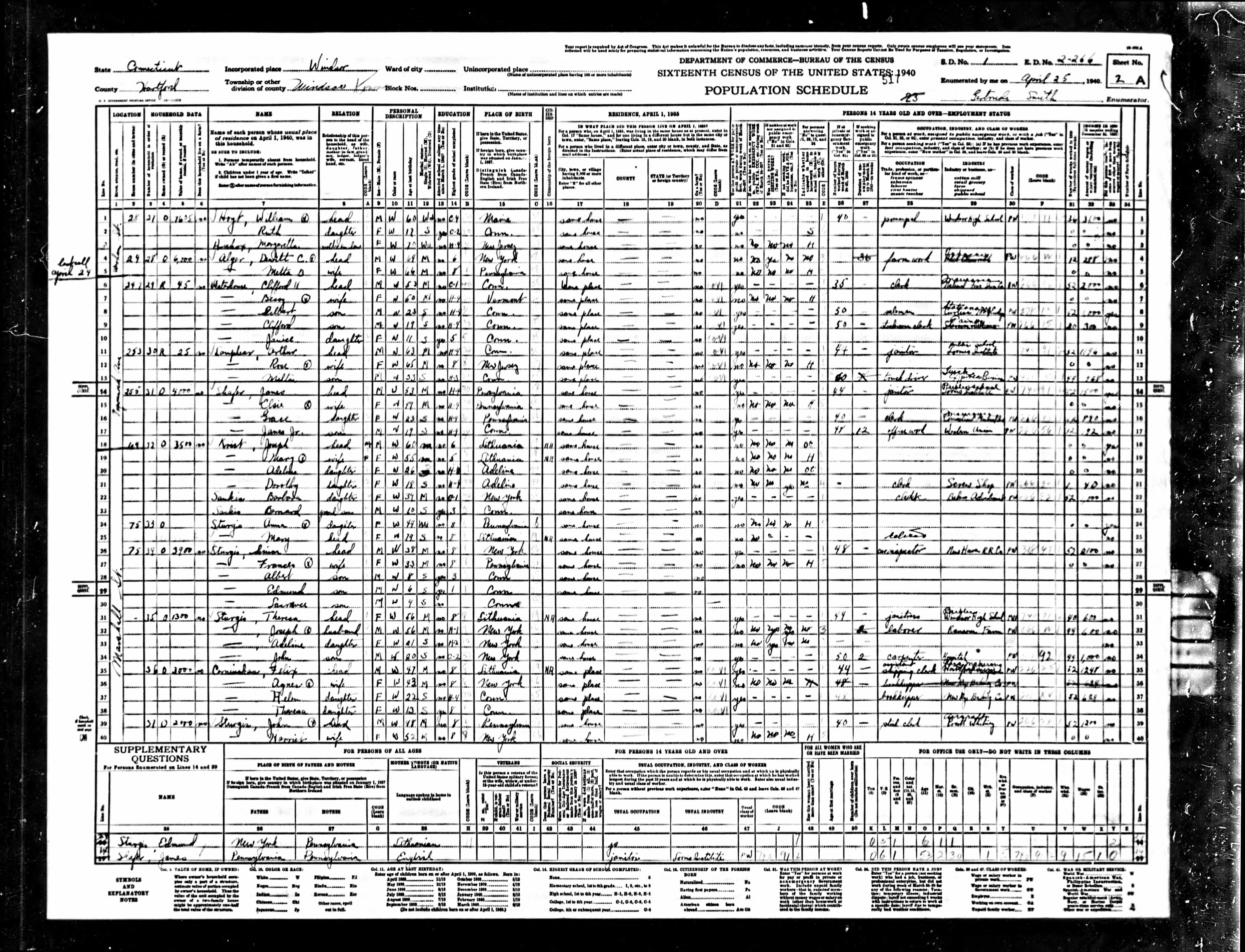 William Hoyt, 1940 Ct, Windsor Census