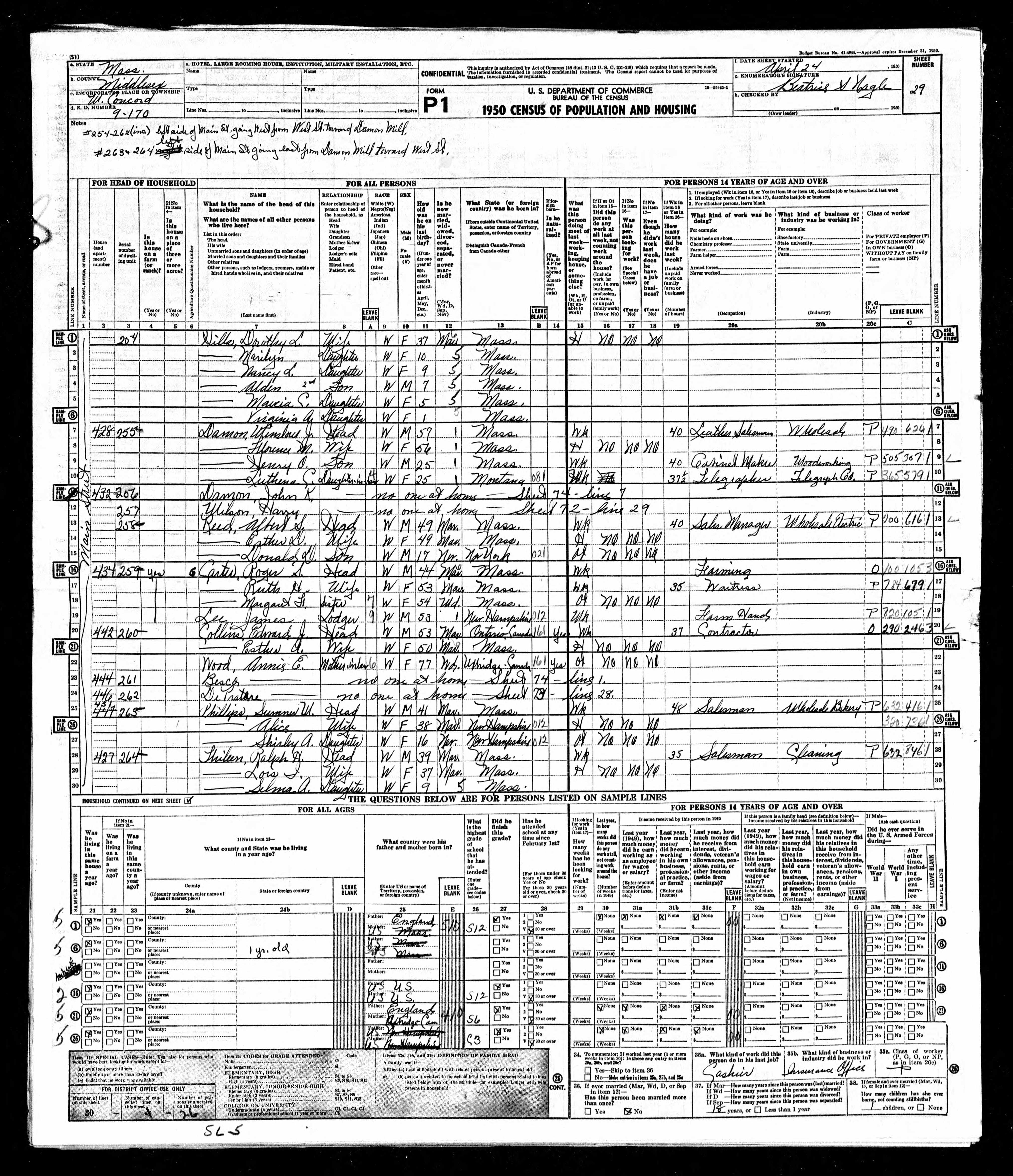 Winslow Damon, 1950 MA, Concord Census